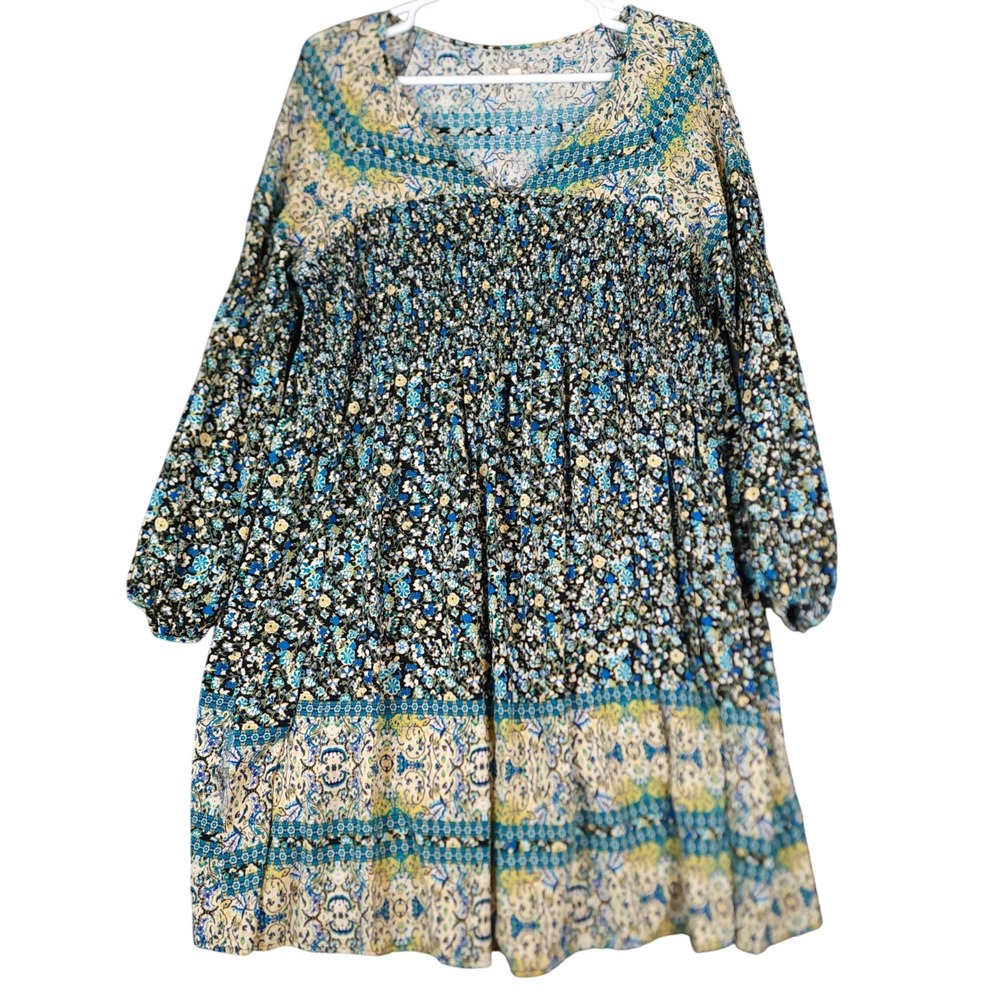 One World Women's Blue Floral Print‎ Long Sleeve Smocked Boho Mini Dress L